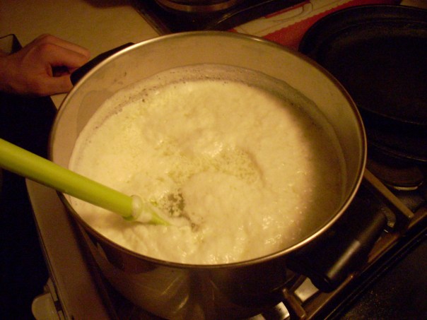 The curd separating from the whey.