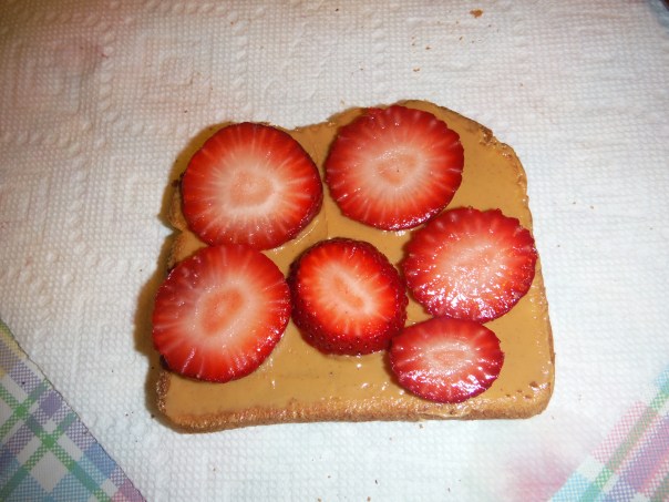 Peanut butter and strawberries applied - good to go!