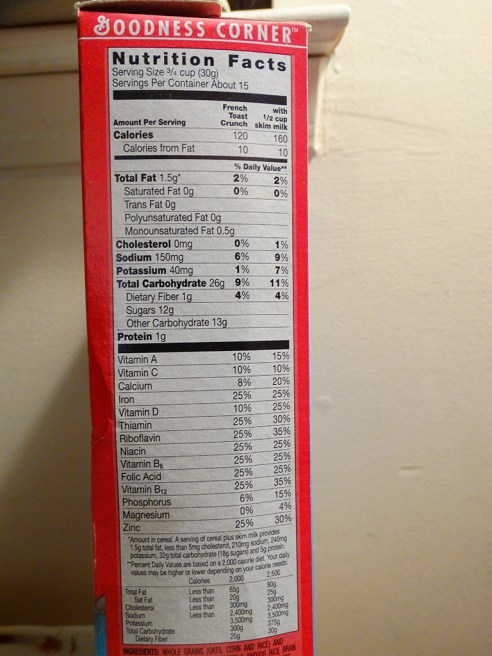 Original French Toast nutrition and ingredients circa 2005